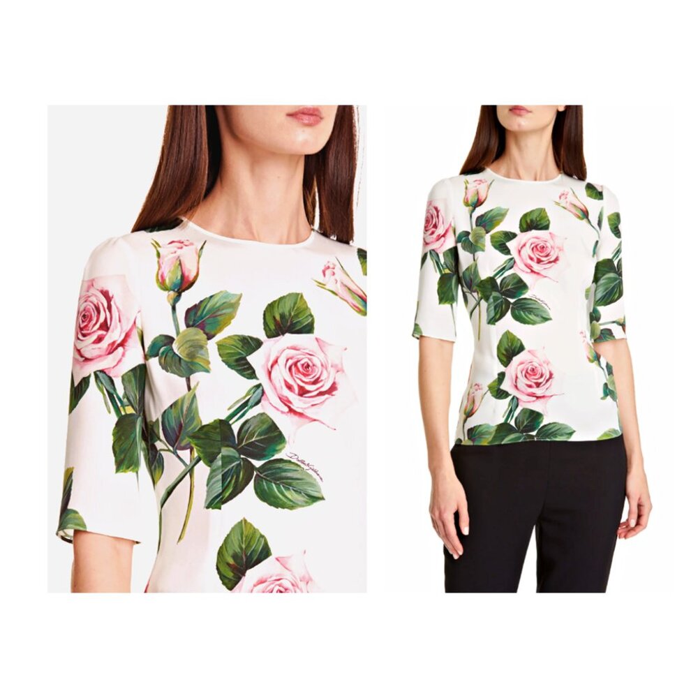 DOLCE & GABBANA Rose Print Stretch-Silk-Blend-Charmeuse Top US XXL = IT 54 $1545